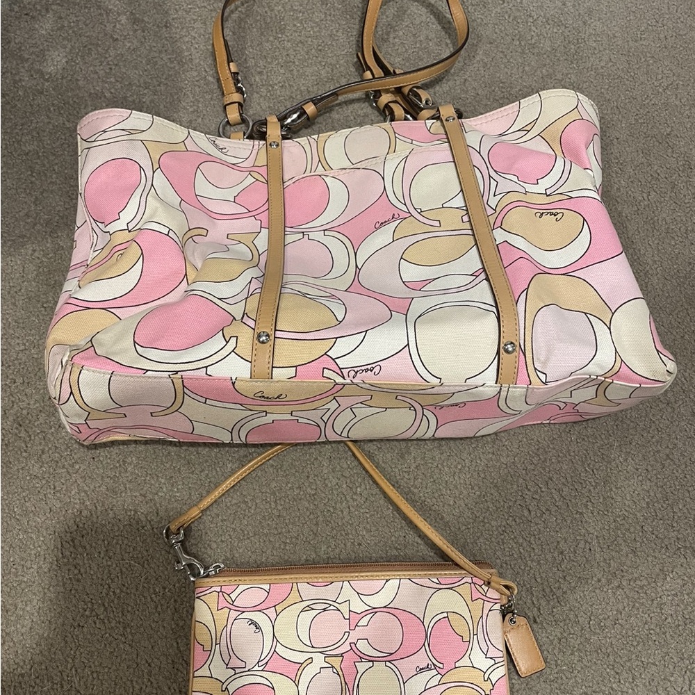 Coach Pink and Tan Heart Print Tote